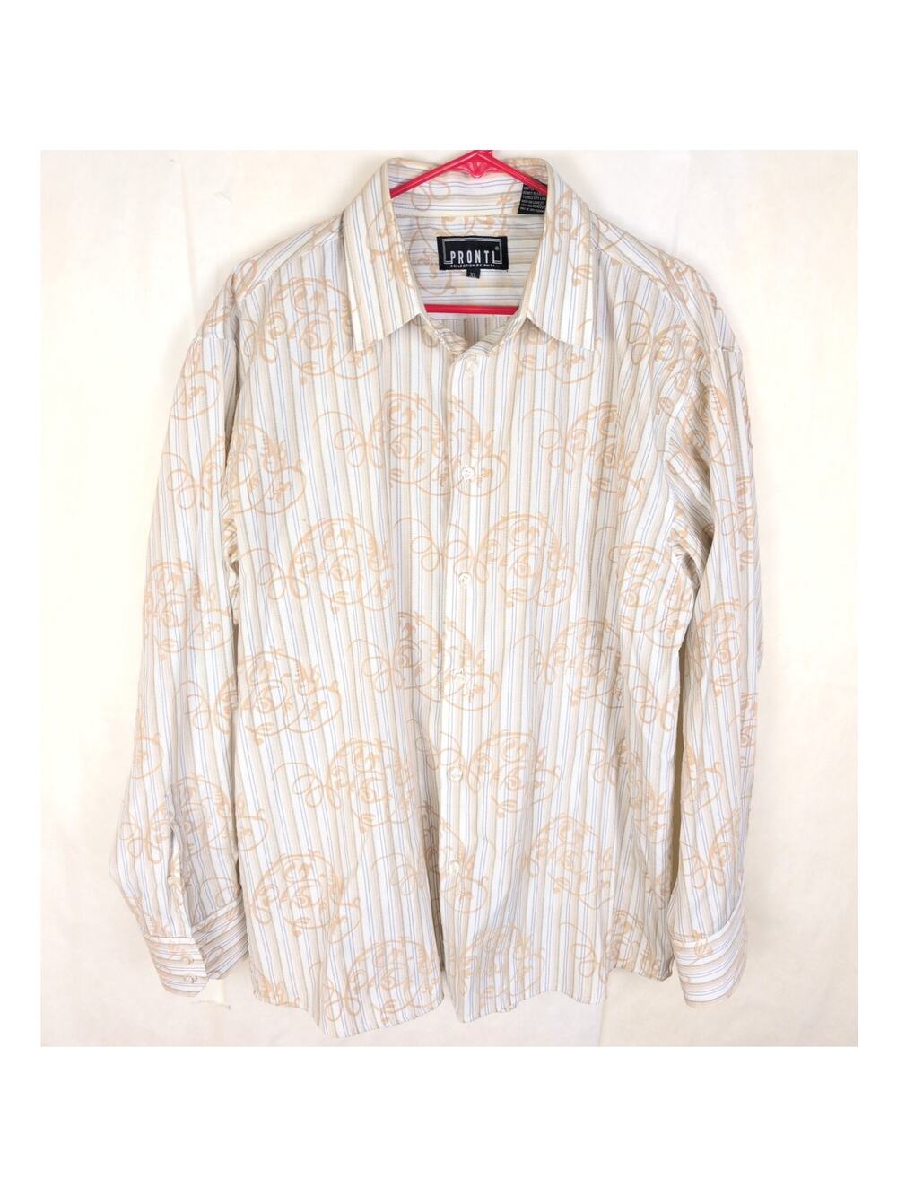Pronti Collection By Phita tan striped velvet print button up shirt Sz XL Artsy